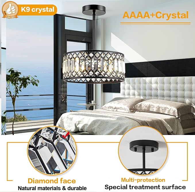 Crystal Ceiling Lights 12 Inch Modern Semi Flush Mount Ceiling Light Fixture,Farmhouse Rustic Black Chandelier for Bathroom Corridor Entrance Kitchen Dining Room Living Room Foyer(3 Light)