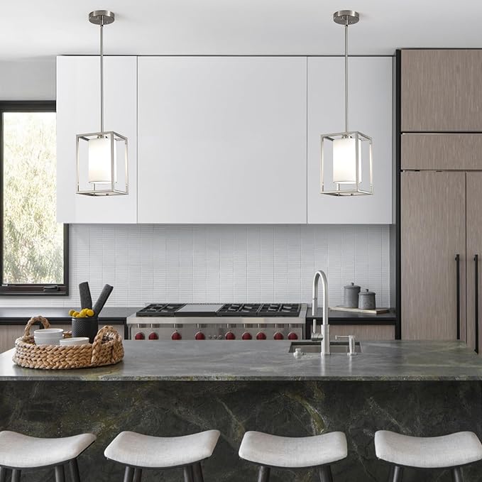 Brushed Nickel Pendant Lights Kitchen Island 2 Pack, Modern Small Lantern Kitchen Pendant Lighting Over Island, Farmhouse Kitchen Island Lights Ceiling Hanging, Industrial Cage Pendant Light Fixtures
