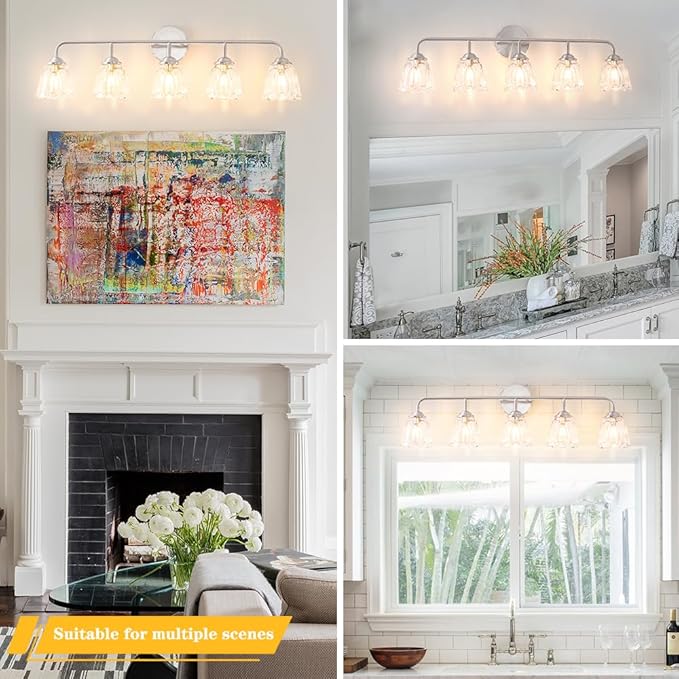 Daunton Vintage Vanity Light for Bathroom, Elegant Vanity Light with Flower Glass Shade, Brushed Nickel 5-Light Bathroom Lighting Fixtures Over Mirror, Wall Sconce Lighting for Bedroom, Living Room