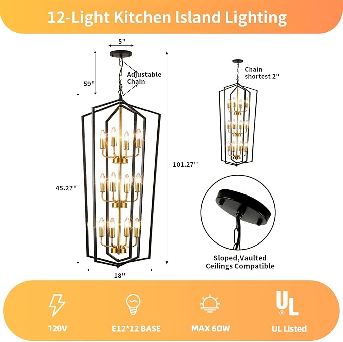 WJShome Modern Black and Gold Chandelier, 12-Light Tiered Lantern Pendant Light Fixture, Long Chandeliers for High Ceilings, Farmhouse Foyer Lighting Fixtures for Living Room Staircase Entryway