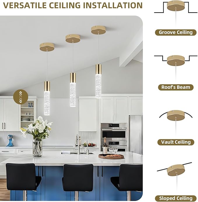 OKELI Modern Pendant Light,3 Color LED Bubble Crystal Island Light Fixtures,Gold Mini 3CCT Pendant Lighting for Kitchen Island,Bar,6W,3000-6000K,ETL