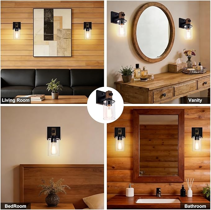 Rustic Wall Sconces,Hardwired 1-Light Brown Wood Farmhouse Sconce with Clear Glass Cylinder Shade,Matte Black Metal Wall Light,E26 Indoor Bathroom Vanity Fixture for Mirror,Bedroom,Hallway