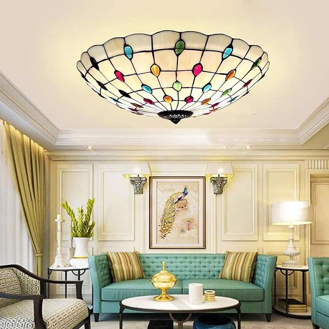 Tiffany Flush Mounts Ceiling Lights,Peacock Blue Crystal Beads Stained Glass Lampshade Ceiling Lamp for Kitchen Dining Room Livingroom Bedroom Ceiling Chandeliers Pendant Light,Multicolor,16in