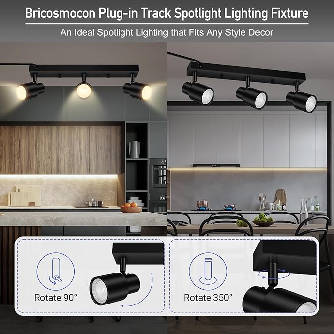 Plug-in Track Lighting LED, Track Light Fixtures Ceiling, Black Plug in Wall Lights with 14.8ft Cord, 3 Way Ceiling Spotlight for Kitchen, Rotatable Light Head for Bedroom Hallway(GU10 Socket,NO Bulb)