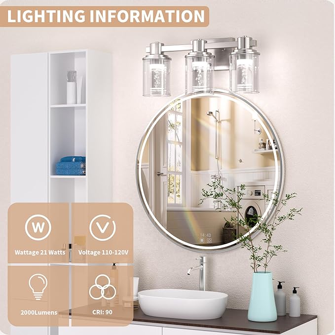 Quntis Brush Nickle Bathroom Lighting Fixtures with 5 Color Mode, 3-Light Dimmable Modern Bathroom Vanity Light Over Mirror, 21 Watt Eye Protection LED Wall Lamp 16 Inch (UL Certified, Bulbs Included)