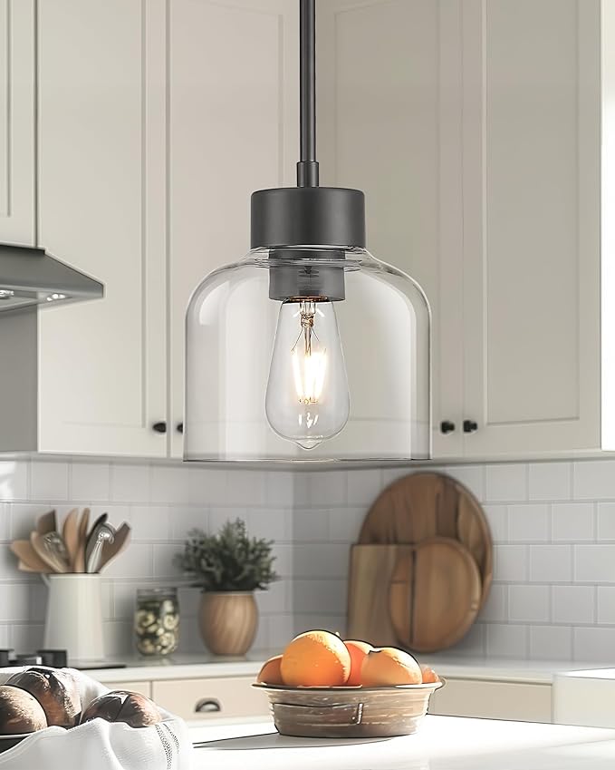 2-Pack Pendant Lights Kitchen Island, 7" Matte Black Hanging Lights Fixtures with Clear Glass Shade, Modern Kitchen Pendant Lighting Over Island for Dining Room, AD-24024-1P2-BK