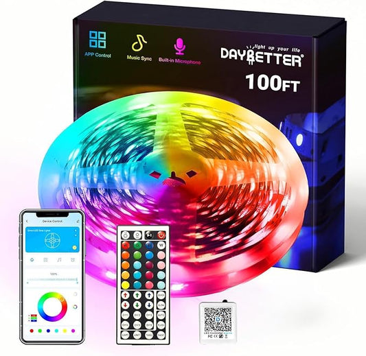 DAYBETTER Smart RGB Led Strip Lights, 100ft Led Lights for Bedroom with App Control, Multicolor Changing Led Light Strips Apply for Home Decor, Living Room, Kitchen, Home Party Decoration