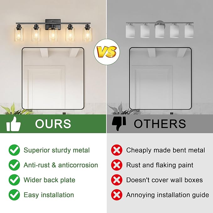 Ascher 5-Light Bathroom Light Fixtures, 33 Inch Vanity Lights with Clear Glass Shade, Modern Black Finish Wall Light for Mirror Bedroom Hallway Cabinet Porch
