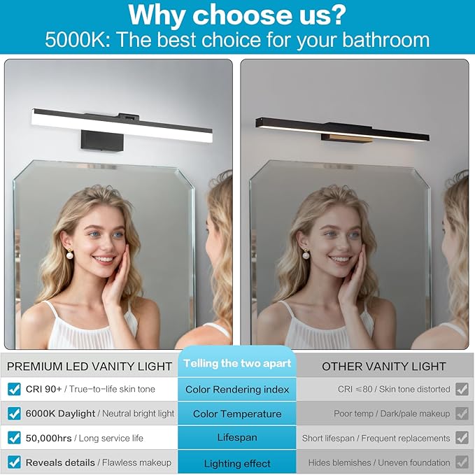SOLFART 23.6 inch Black Bathroom Light Fixture 5 Color Temperature Dimmable LED Vanity Lights Bathroom Vanity Lights Over Mirror Light Bar Vanity Lighting Fixtures 5CCT