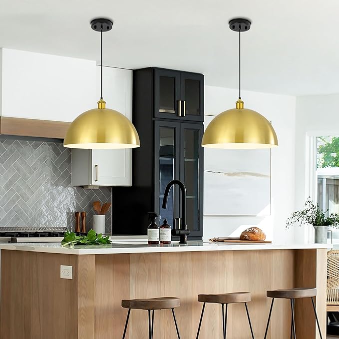 Gold Pendant Light, 16" Farmhouse Ceiling Light with Gold and White, Elegant Semi-Circular Shade Design, Adjustable Height Industrial Dome Pendant Lights for Kitchen Island, Dining Room