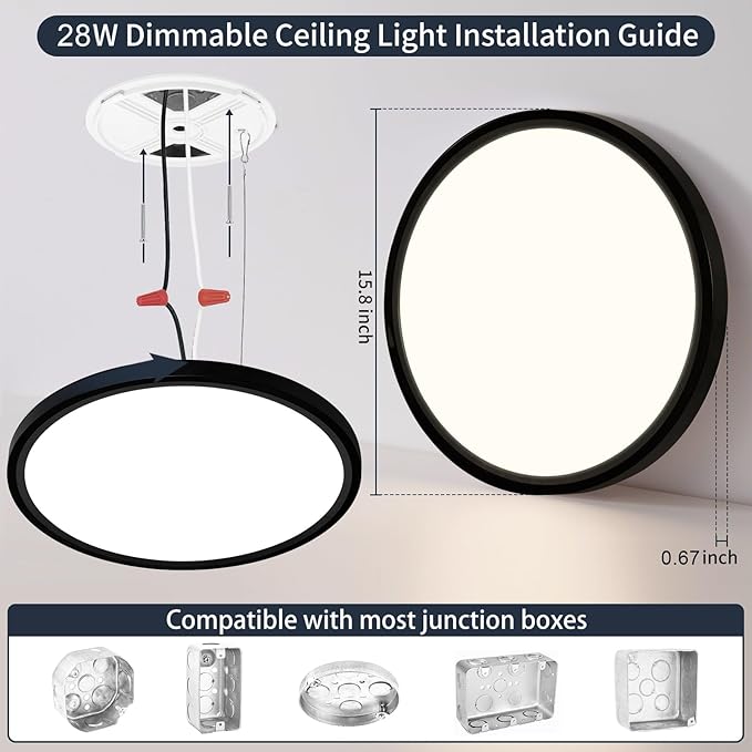16 Inch Flush Mount Ceiling Light, 28W Dimmable LED Fixture 2800LM, 3000K/4500K/6000K Adjustable, Round Ceiling Lamp for Bedroom, Kitchen, Living Room, Dining Room, Bathroom, Black