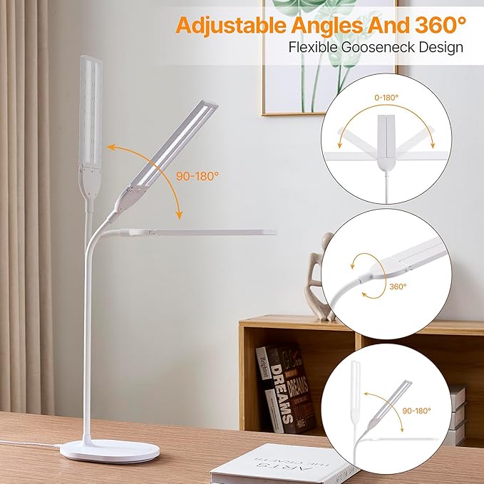 LED Desk Lamp for Home Office, Ultra-Wide Double Head Desk Light with 90° Flexible Gooseneck, Eye-Caring Low Blue Light, 5 Color Modes (2700K-6500K) & 5 Brightness Levels, Touch Control