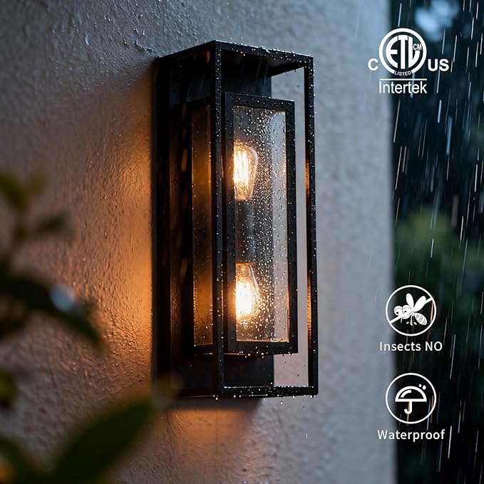 mirrea 24" Classic Outdoor Wall Sconce 2 Lights in Matte Black Rectangular Metal Frame and Clear Glass Shade Waterproof Porch Light Patio Light Pack of 2