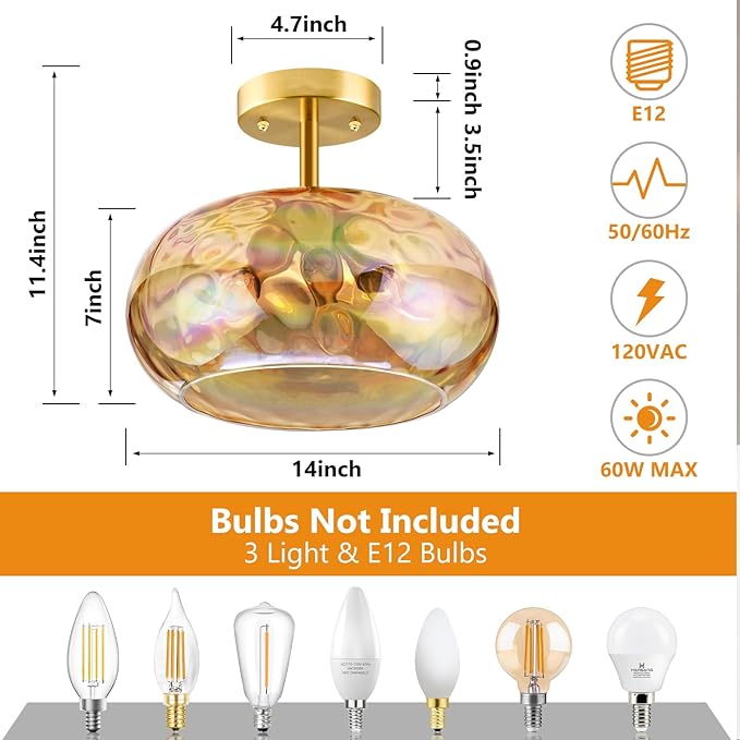 Ceiling Light Fixture, 14''& 3-Light Amber Vintage Semi Flush Mount Ceiling Light, Brass Rainbow Indoor Lampshade for Farmhouse, Bedroom, Kitchen, Living Room, Hallway Bulbs Not Included