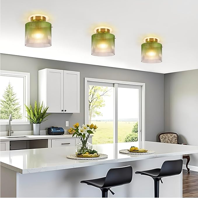 Modern Semi Flush Mount Ceiling Light, Vintage Gradient Green Glass Ceiling Light Fixture, for Closet Dining Room Kitchen Bedroom Entryway Hallway Hanging Lamp