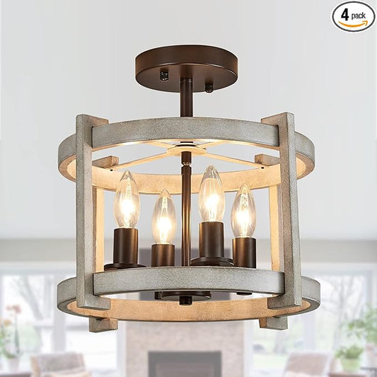 MEIXISUE 4-Lights Retro Semi Flush Mount Ceiling Light Fixtures,ORB+Oak White,Farmhouse Rustic Vintage Antique Ceiling Light Fixture for Hallway Kitchen Dining Room Bedroom UL Listed