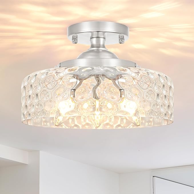 Brushed Nickel Semi Flush Mount Ceiling Light, 3-Light Ceiling Light with Hammered Glass, Vintage Hallway Light Fixtures, Kitchen Flush Ceiling Mount for Entryway Bedroom Bathroom,E12