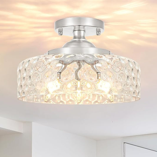 Brushed Nickel Semi Flush Mount Ceiling Light, 3-Light Ceiling Light with Hammered Glass, Vintage Hallway Light Fixtures, Kitchen Flush Ceiling Mount for Entryway Bedroom Bathroom,E12