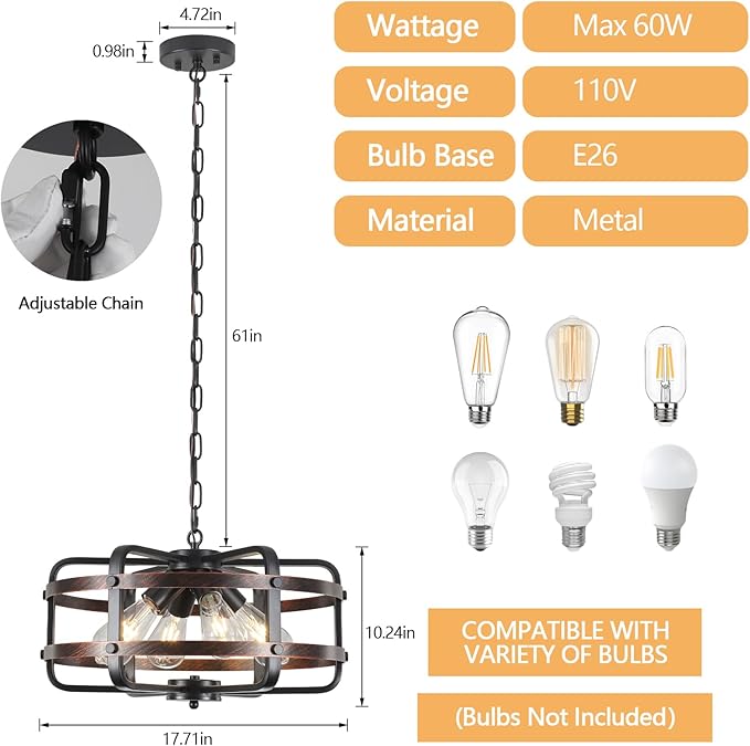 17.71" Modern Farmhouse Chandelier 4-Lights Cage Industrial Black Chandeliers for Dining Room Light Fixture Rustic Lantern Pendant Vintage Lighting Fixtures for Foyer Kitchen Entryway Living Room E26