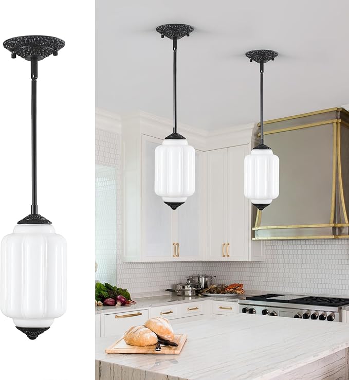 Vintage Milk Glass Pendant Light, 5.5" Semi Flush Mount Pendant Light, Black Finish Milk Glass Hanging Light Fixture for Kitchen, Dining Room, Bedroom, Hallway, Bathroom(White, 1 Pack)