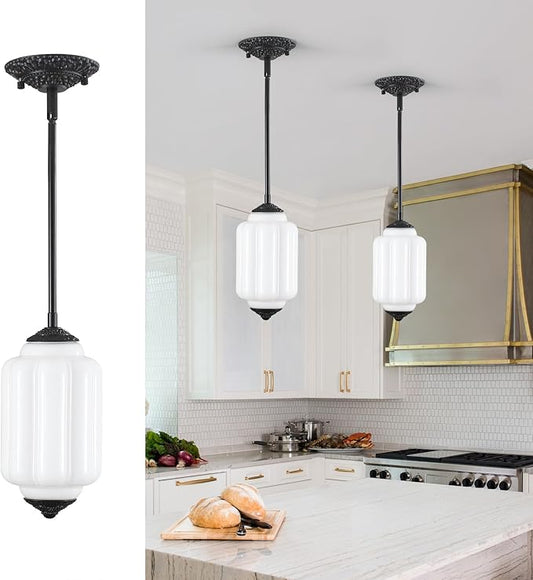 Vintage Milk Glass Pendant Light, 5.5" Semi Flush Mount Pendant Light, Black Finish Milk Glass Hanging Light Fixture for Kitchen, Dining Room, Bedroom, Hallway, Bathroom(White, 1 Pack)