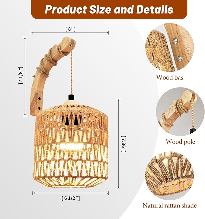 Boho Battery Operated Wall Sconce Set of Two, Rattan Rechargeable Wall Sconces with Remote,Wireless Sconces Set of 2 for Bedroom,Living Room,Entryway 15 Colors Dimmable-Natural Wood