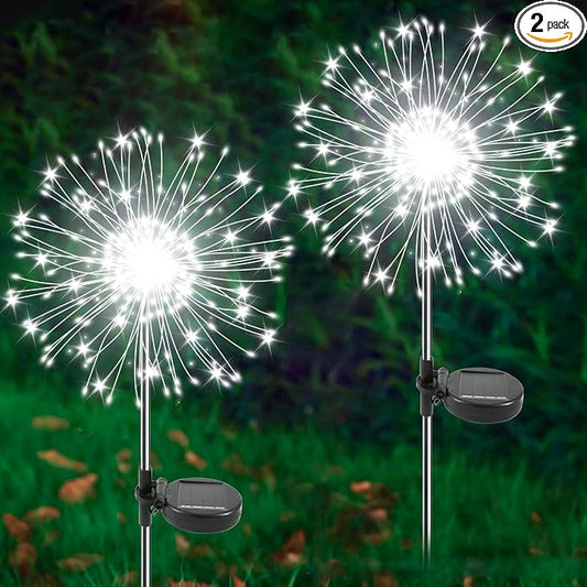 Solar Garden Lights Outdoor, 2 Pack 120 LED Twinkling Firework Lights Decorative with 2 Modes, Outdoor Waterproof Solar Starburst Light for Outside Yard Pathway Garden Decor, White
