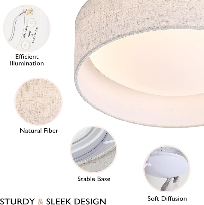 CALOKES 13" Fabric Flush Mount Ceiling Light, 24W 3000K LED Closed to Ceiling Light Fixture with Classic Linen Drum Design for Bedrooms, Kitchen, Dining Room, Hallway