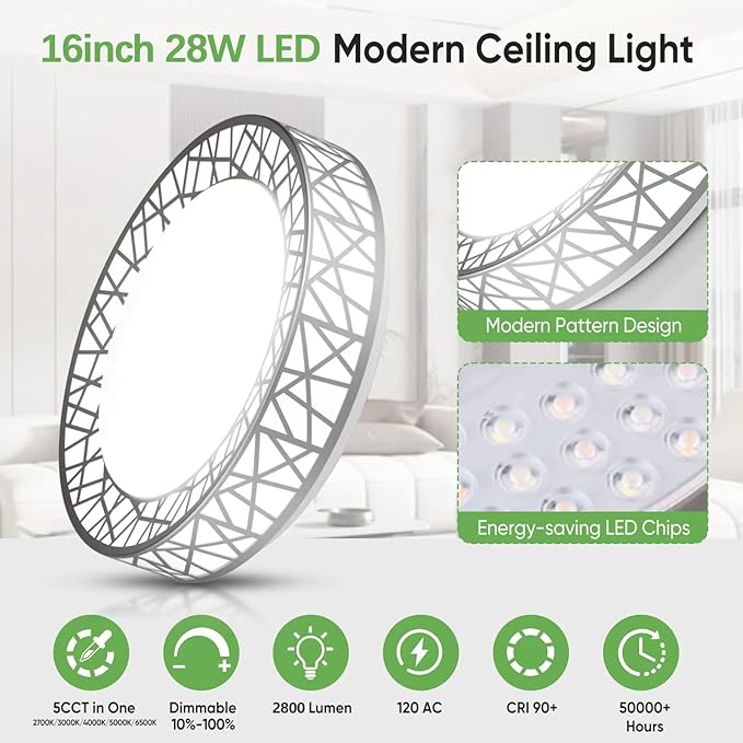 Lightania 16 Inch Flush Mount Ceiling Light, Modern Brushed Nickel LED Ceiling Light Fixture, 28W 2800LM 2700-6500K Adjustable, Dimmable Ceiling Lights for Bedroom, Kitchen, Hallway, Bathroom, ETL