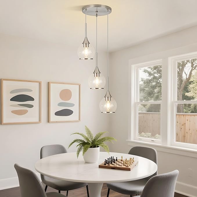 3-Light Island Light for Kitchen, Brushed Nickel Kitchen Island Hanging Pendant Light, Brushed Nickel Dining Room Light Fixture Over Table with Clear Round Glass Shade