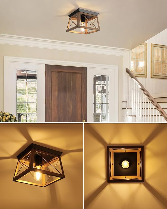 Farmhouse Bronze Flush Mount Ceiling Light - 1-Light Industrial Kitchen, Rustic Flush Mount for Hallway, Entryway, Foyer, Dining Room, Bedroom