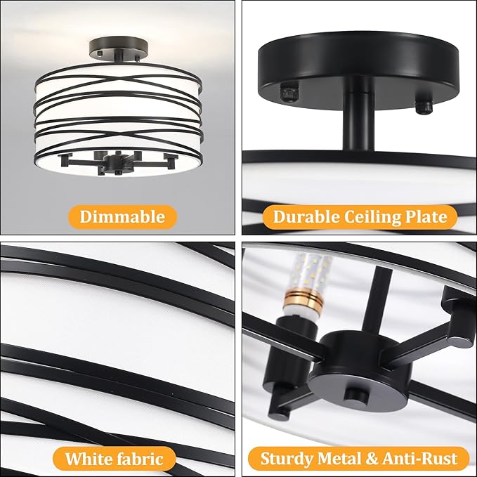 TOULMJ 4-Light Semi Flush Mount Ceiling Light, Black Drum Chandelier with White Fabric Shade, Modern Entryway Light Fixtures for Kitchen Island Laundry Room Hallway Dining Room