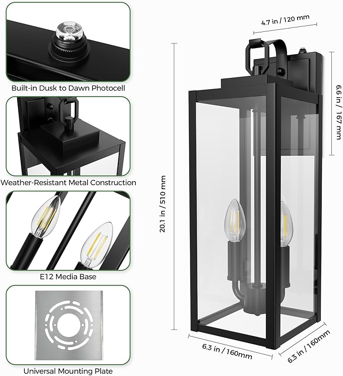 DORESshop 20" Dusk to Dawn Outdoor Wall Lights, 2-Light Black Outdoor Wall Sconce Lantern with Clear Glass, Tall Transitional Exterior Light Fixtures for Porch, Garage, ETL Listed, 2 Pack