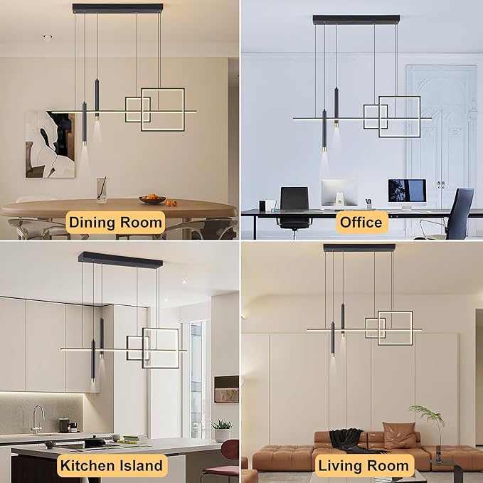 ORANOOR Modern LED Chandelier Lighting, Dimmable Linear Black Pendant Light with Squares, 39in Dining Room Hanging Light Fixture, Kitchen Island Pendant Light for Dining Table Bar (3000lm/50W)