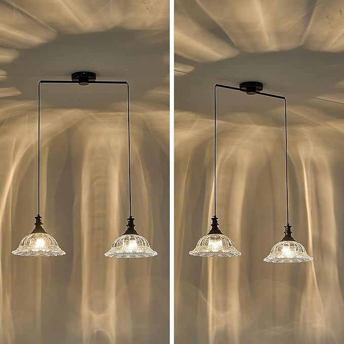 HDDFL 2 Light Pendant Light Fixtures Modern Glass Hanging Lights with Adjustable Cord for Kitchen Island Dining Room Living Room Hallway Black Metal