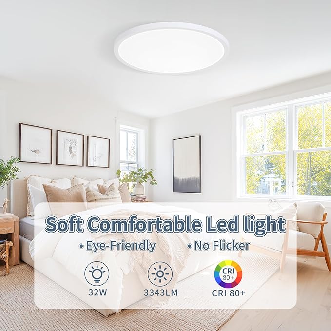 14.9 Inch 6PK LED Flush Mount Ceiling Light, ETL ,32W, 3343LM, 3000K/3500K/4000K/5000K/6500K CCT Selectable, 0.66in Ultra Thin Round Flat Panel Ceiling Light Fixture for Bedroom, Kitchen, (White)