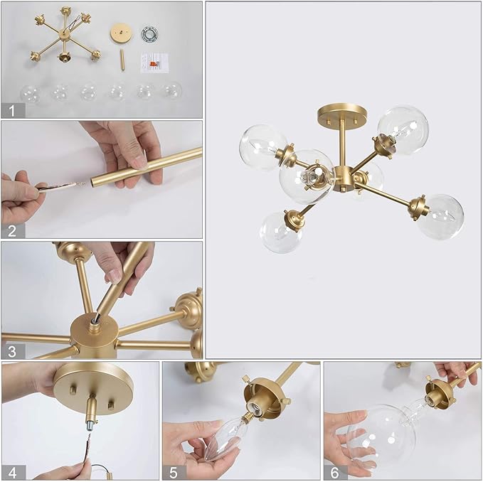 KSANA Gold Semi Flush Mount Ceiling Light, Gold Chandeliers for Dining Rooms, Kitchen, Living Room, D25.2 x H13