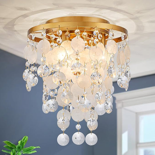 D11 inch Capiz Shell Crystal Ceiling Light, 3-Light Coastal Design Flushmount Close to Ceiling Light Fixture for Foyer, Hallway, Bedroom, D11 x H13 inch, Shell & Crystal & Copper Finish Frame
