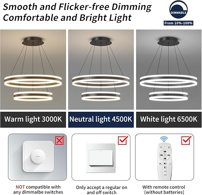 LED Modern Pendant Chandelier, 2 Ring Circular Black Ceiling Pendant Light Fixture, Dimmable 3000K-6500K, Adjustable Flush Mount Hanging Lights for Dining Room, Kitchen Island, Living Room, Office