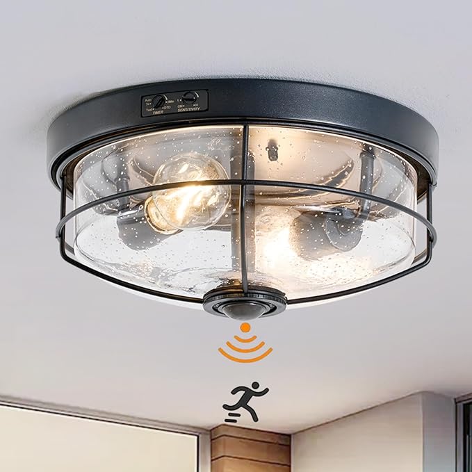 Motion Sensor Outdoor Flush Mount Ceiling Light, Industrial Glass Rustic Wood-Like Finish 2-Light Ceiling Lamp for Porch, Entryway, Garage, Timer and Sensitivity Adjustable (Black-Bubble Glass)