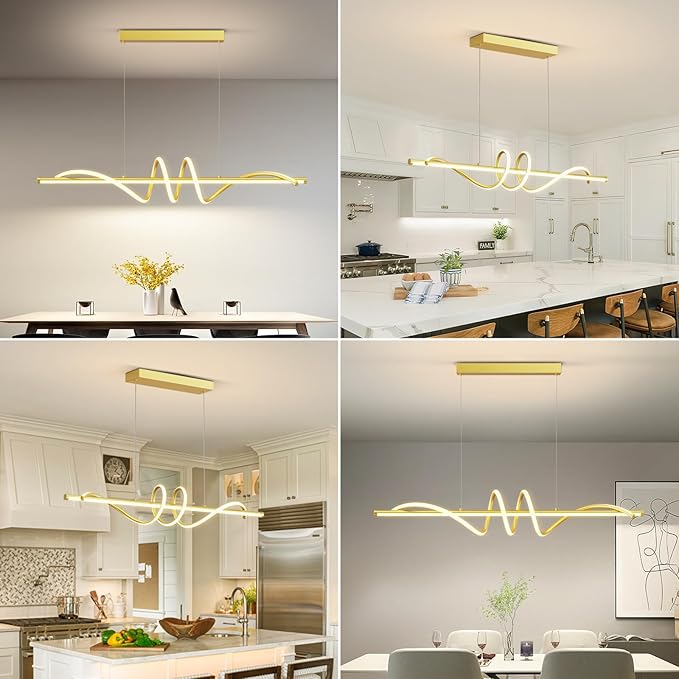 Modern LED Pendant Lights, 39in Gold Chandelier Dimmable with Remote Control 3000k-6000K Adjustable Color Temperature, Aluminum Island Lighting Lamp Fixture for Kitchen, Dining Room