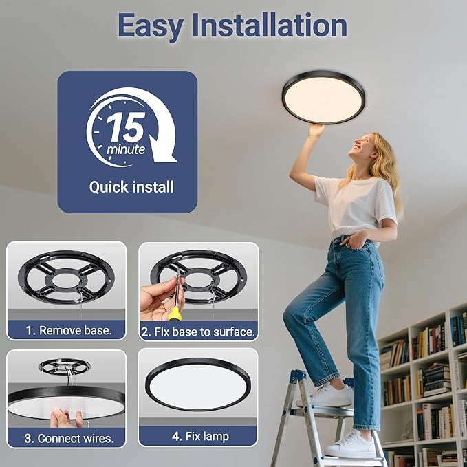 3520LM Dimmable LED Flush Mount Ceiling Light, 15.8 Inch Edge-Lit Flat Fixture, 3000K/4000K/5000K 3 Color Temperature Selectable, Close to Ceiling Lighting for Bedroom Kitchen Laundry,4Pack Black