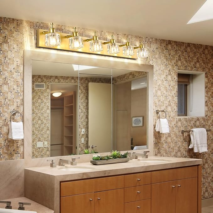 PRESDE 6 Light Bathroom Vanity Light Modern Gold Crystal Bathroom Lighting Fixtures Over Mirror