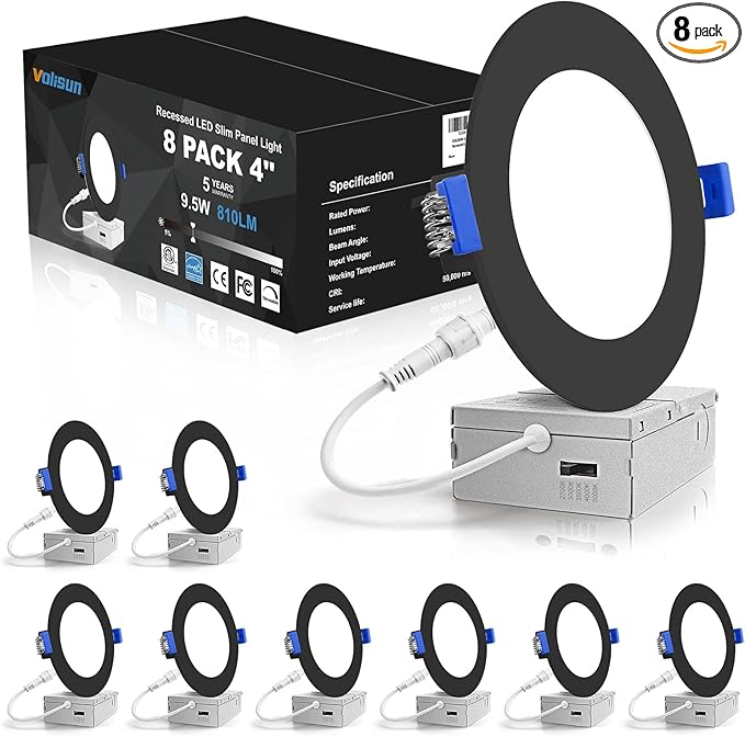 VOLISUN 8 Pack 4 inch Recessed Lighting, 5CCT LED Recessed Light Black, 2700K-5000K Selectable, 9.5W Eqv 80W, 810LM Dimmable Canless Wafer Downlight, LED Ceiling Light ETL Certificated
