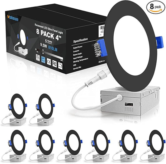 VOLISUN 8 Pack 4 inch Recessed Lighting, 5CCT LED Recessed Light Black, 2700K-5000K Selectable, 9.5W Eqv 80W, 810LM Dimmable Canless Wafer Downlight, LED Ceiling Light ETL Certificated