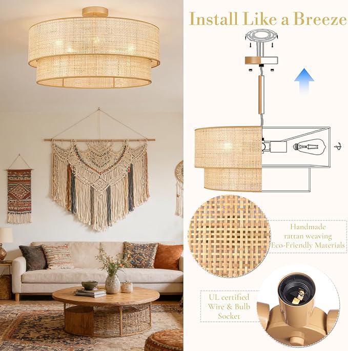 Hamilyeah 24 Inch Large Boho Ceiling Light Double Layer, Semi Flush Mount Light Fixture with Wicker Rattan Bamboo Woven Shade for Living Room, Dining Room