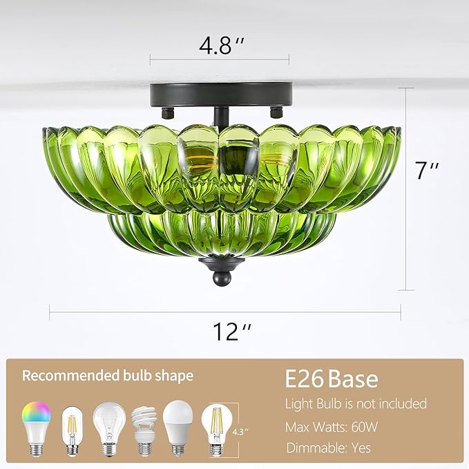 Modern Black Ceiling Light Fixture, 12" Green Glass Flush Mount Chandeliers, Semi Flush Mount Ceiling Light Fixture Suitable for Living Room Hallway Kitchen Bedroom