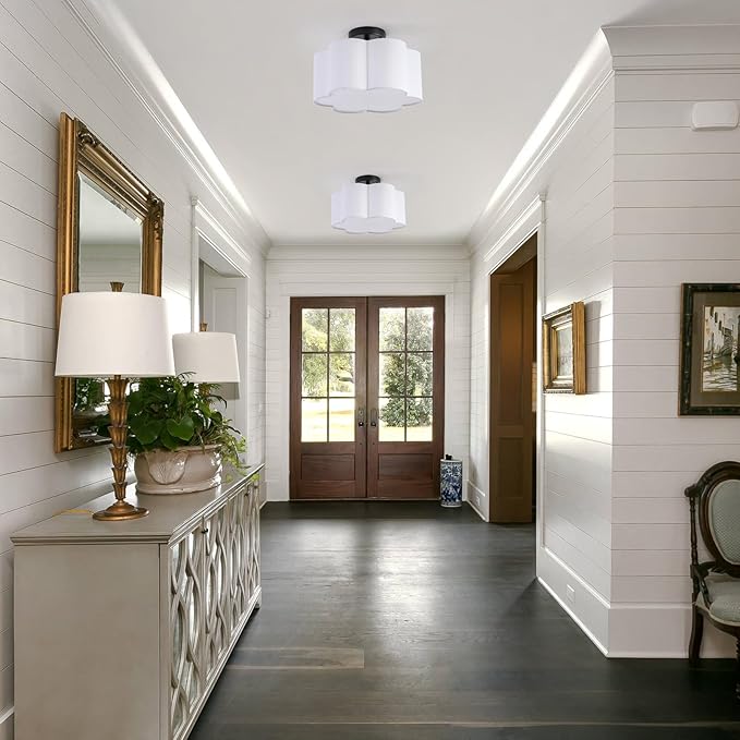 Semi Flush Mount Ceiling Light, Modern Close to Ceiling Lamp with White Flower Fabric Shade 3-Light Farmhouse Brass Ceiling Light for Nursery Bedroom Kitchen Hallway Entryway