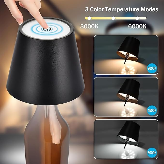 Neioaas Wireless Bottle Lamp,3 Color Stepless Dimming Wireless Wine Bottle Lamp, USB Rechargeable Touch LED Wine Bottle Lights for Home,Bar,Camping,Travel
