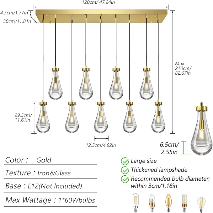 Modern Raindrop Pendant Lights Kitchen Island Teardrop Gold Hanging Light Fixture Clear Solid Glass Chandeliers Crystal Pendant Light for Porch Living Room Dining Room(Long Plate-9 Lights)